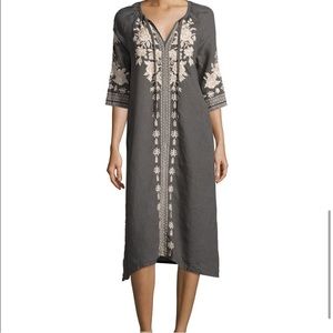 Johnny Was Linen Grey Embroidered Midi Dress